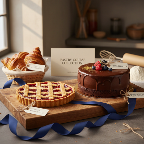 Mi serve una immagine per un prodotto di tipo bundle per 3 corsi "frolla master class" "torta perfetta" "lieviti semplici e colazioni" focus sempre sui prodotti ma una immagine che rende l'idea di bundle proviamo